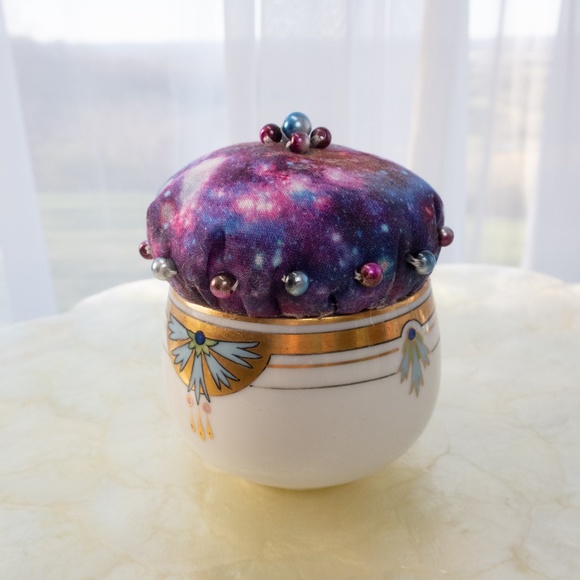 Galaxy Teacup Pincushion Hand Sewn With Craft Pearls Upcycled Austrian Cup NWOT - Picture 3 of 15